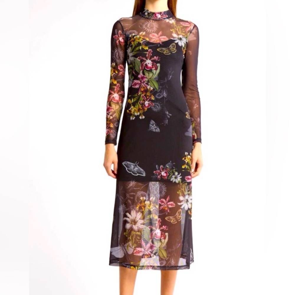 AllSaints Hanna Sanibel Mesh Midi Dress Floral Long Sleeve US 12 UK 16 NWT